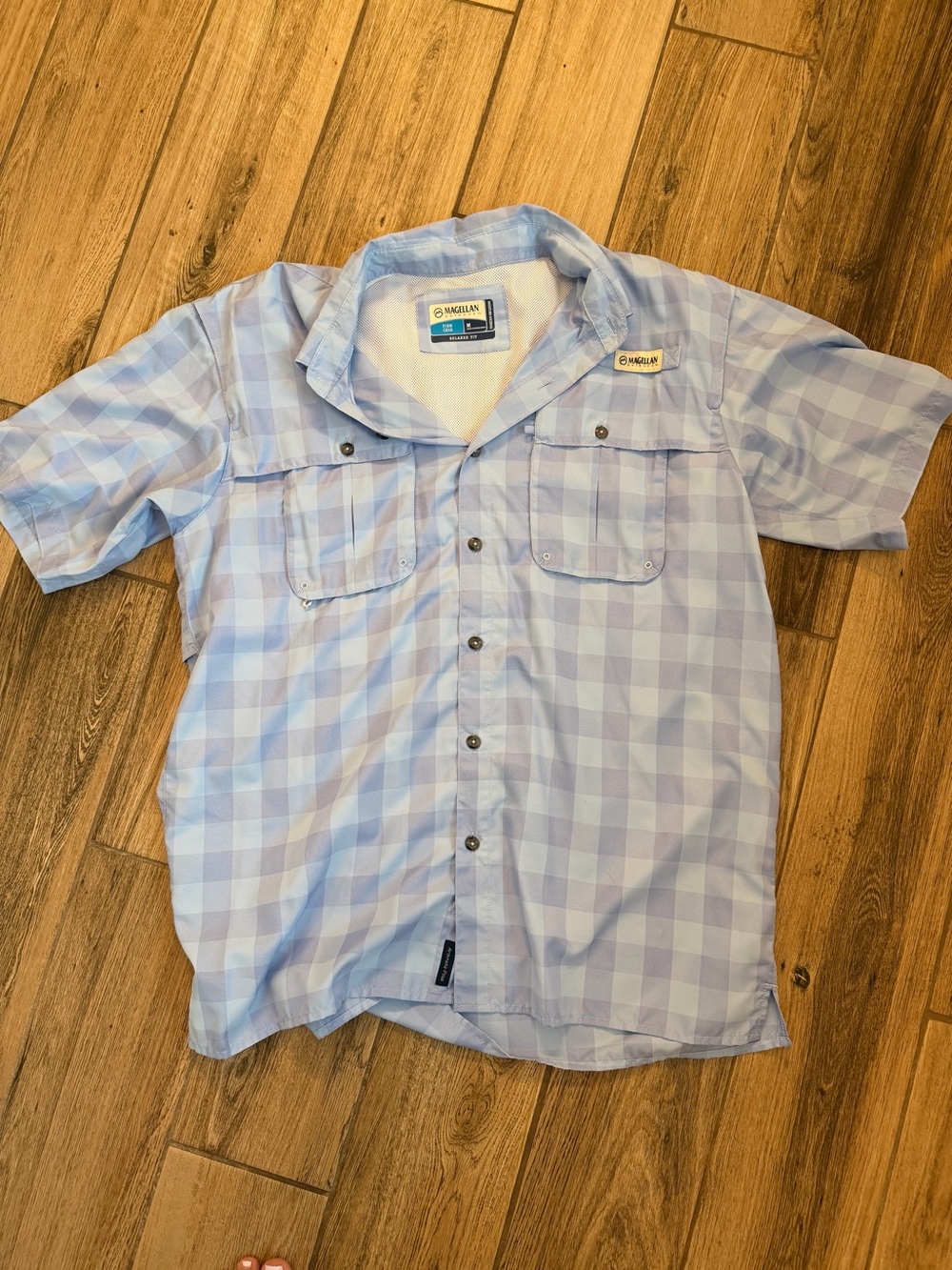 Magellan Outdoors Light Blue Checked Short Sleeve Button-Down Shirt